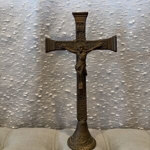 Antique‎ Genuine Sold Brass Ornate Alter Cross Crucifix, 11" Read